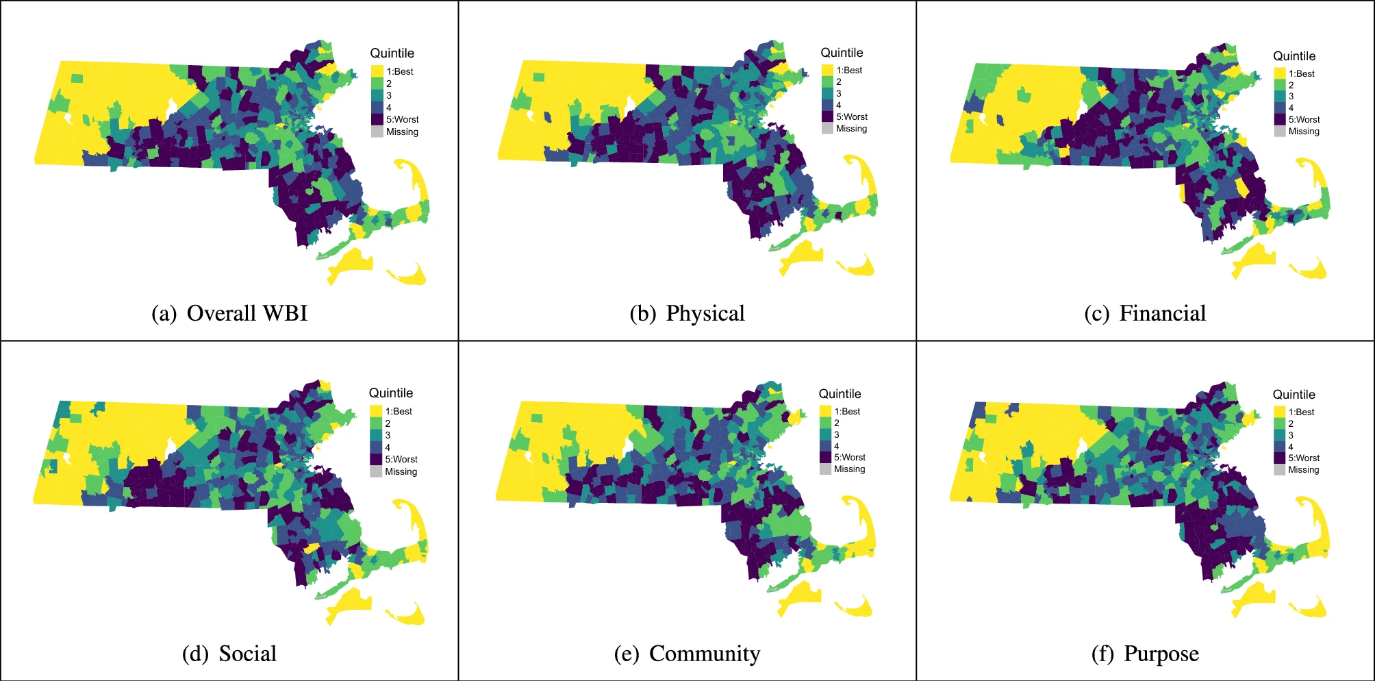 ZCTA quintile rankings for the overall well-being index and five subscales in Massachusetts
